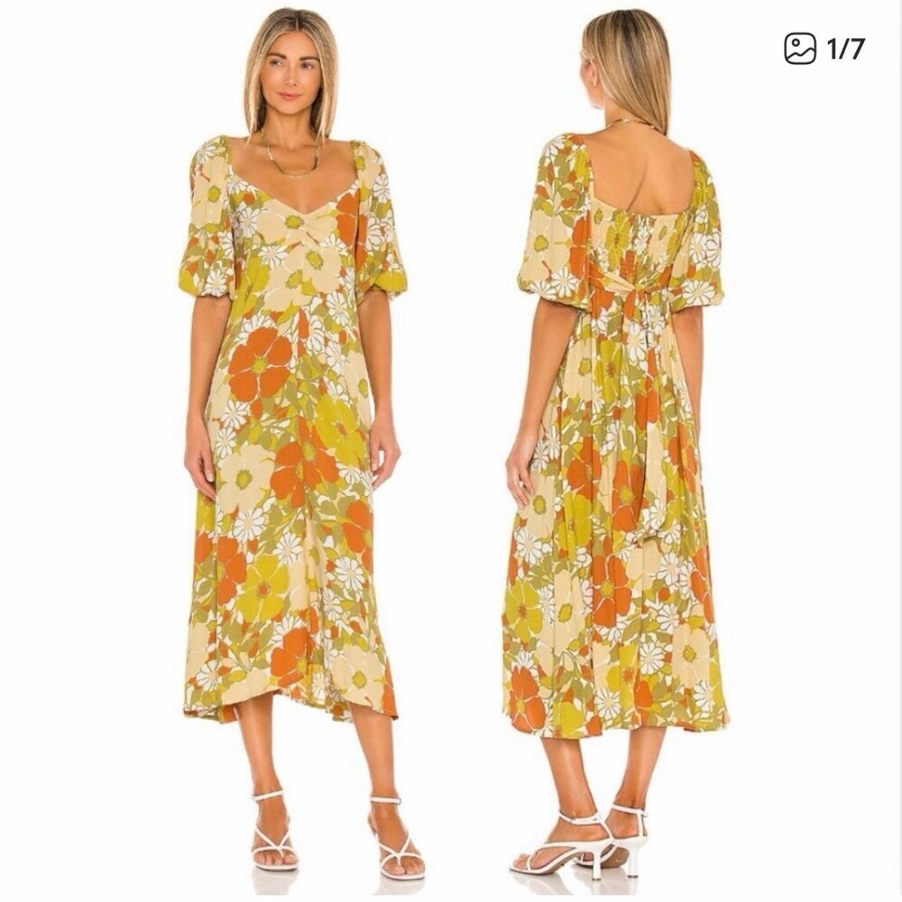 Faithfull the Brand Orange and Green Floral Midi Dress